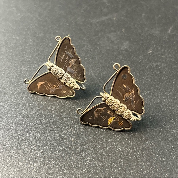 Vtg Silver Damascene Shakudo Japanese Butterfly Earrings Screw Back Filigree Set - Picture 1 of 8